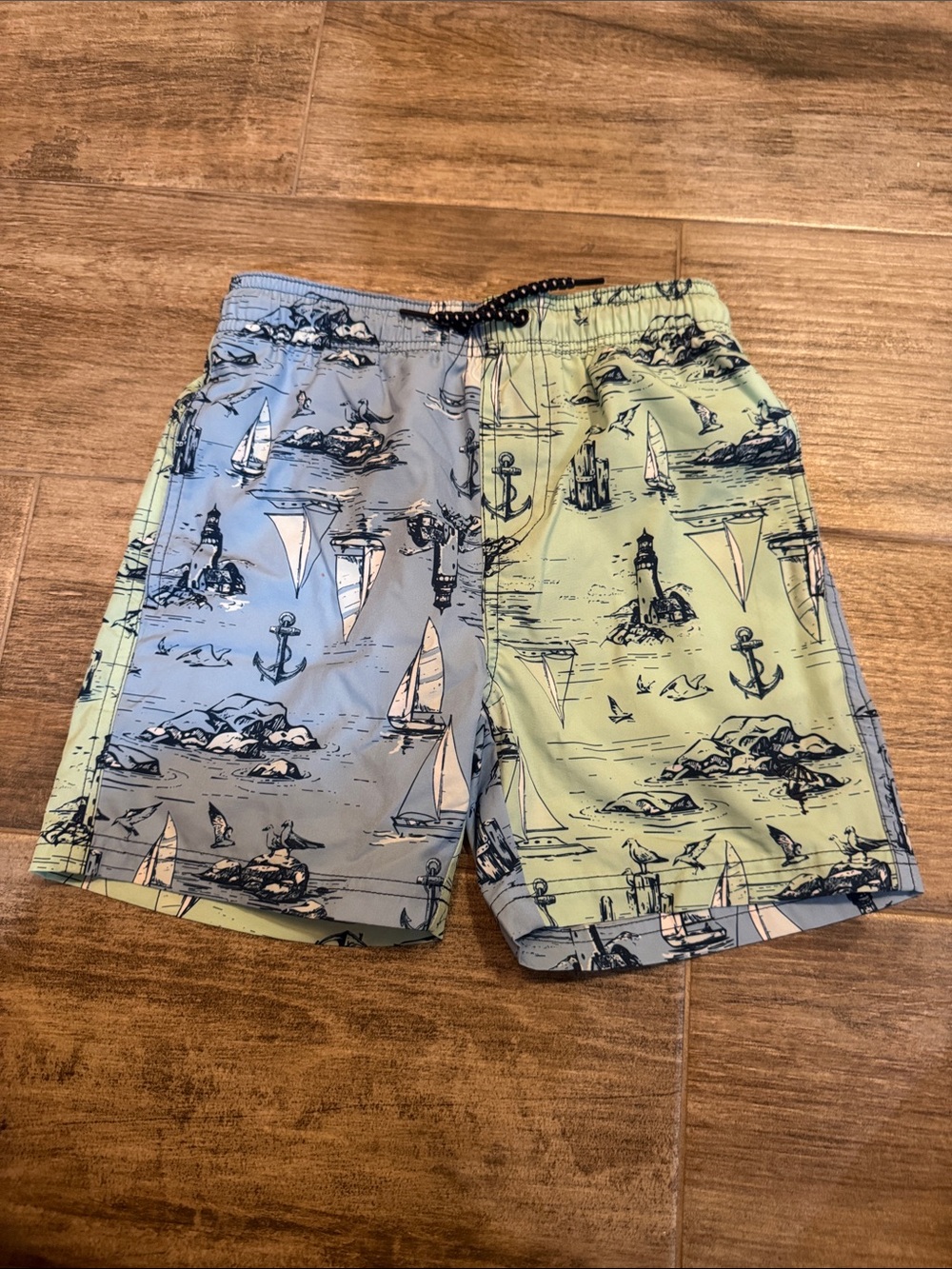 Kids Two-Tone Nautical Swim Trunks in Blue & Green